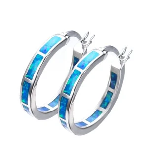 925 Sterling Silver Hoop Earring, Opal Small Hoop Earring for Women, - Picture 1 of 7