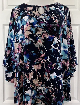 Blusa Dana Buchman Floral Azul Tejido Suave Túnica Manga Acampanada Talla Grande 2X Foto 1 de 4