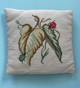 Needlepoint Ladybug and Leaves Pillow Green Gold wool 17”x17”Vintage woven back - Picture 1 of 12
