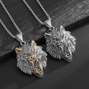 Vintage Viking Wolf Head Pendant Necklace Animal Stainless Steel Men Hip Hop - Picture 1 of 8