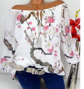 Women's Chiffon Shoulder Off Floral Print Summer 1/2 Sleeve Top T-Shirt Blouse - Picture 1 of 5