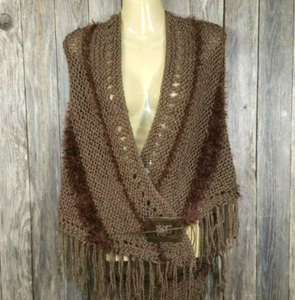 NEW Taupe Brown Women's Metallic Hand Knitted Knit Shawl Wrap Shrug Scarf Boho - Picture 1 of 9