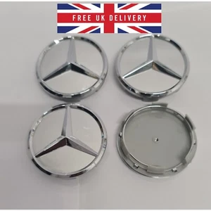 4X SILBER Mercedes 60mm außen, 55mm Clips Durchmesser Alufelge Mitte Nabenkappen - Bild 1 von 10