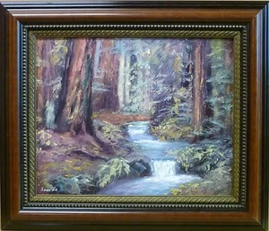 Tiefe Wald Bach Bäume Landschaft 16x20 Original Sean Wu Ölgemälde Rahmen Kunst - Bild 1 von 7