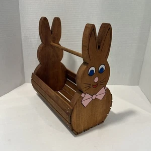 Wooden Slat Basket w/ Bunny Rabbit Design Sides Easter - Picture 1 of 6