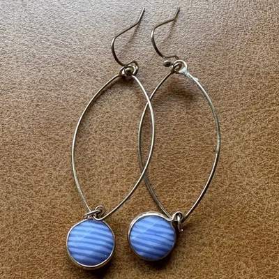Oval Hoop Earrings with Faceted Blue Agate Stone Drops Dangle - Image 1 of 3