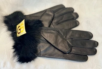 Grimy Samoni, Guantes de cuero genuino para dama con ribete de piel de conejo, talla S.NUEVO CON ETIQUETAS Foto 1 de 4