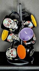 7 pc. Set Eli + Ana Ceramic Sugar Skull Day of the Dead Mugs w/ Mug Tree Stand - Picture 1 of 13