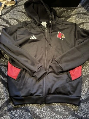 Louisville Cardinals Football team issued full zip black jacket w hood size L - Image 1 of 3