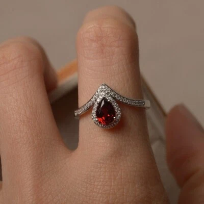 925 Sterling Silver Garnet Women Ring Natural Gemstone Dainty Halo Ring - Image 1 of 4