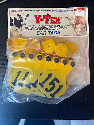 25 Y-Tex All American Cattle Sheep Goat Ear Tags Yellow 101-125 Medium 3  NOS • 25$