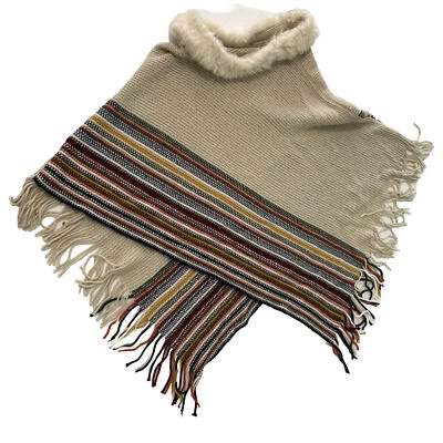 Poncho de piel sintética Northern Angel capa abrigo suéter L/XL flecos tostados a rayas Foto 1 de 4