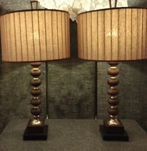 Pair of UTTERMOST TABLE LAMP 30" MCM Style Atomic Stacked silver, brown w/ Shade - Picture 1 of 14