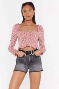 Nasty Gal Top Womens 6 Pink White Polka Dot Cropped Long Sleeve Button Down NWT - Picture 1 of 12