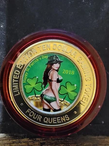 2018 FOUR QUEENS $10 RED Cap Silver Strike Girl with Hat, St. Patrick .999 - Picture 1 of 2