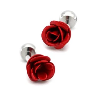 RED ROSE CUFFLINKS Metal Enamel Flower Floral New w Gift Bag Wedding Party Groom - Picture 1 of 6