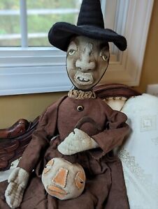 Primitive Type Handmade Cloth Witch Halloween Doll With Pearl Teeth 32"
