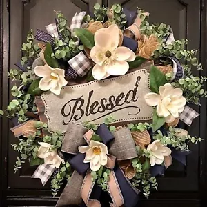 Spring Summer Wreath for Front Door,Farmhouse Magnolia Porch Decoration,Front - Picture 1 of 8