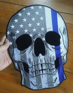 LARGE Embroidered Back Patch ~ Police USA Flag Thin Blue Line SKULL Jacket PATCH - Picture 1 of 7