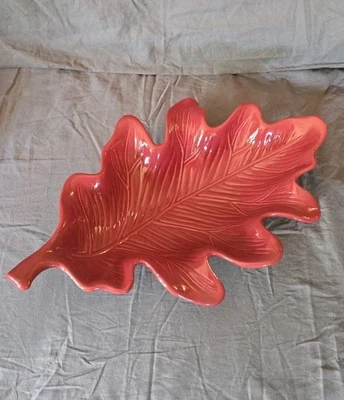 15 1/4" Long Harvest Ceramic Leaf Shaped Bowl Large Serving Dish Cranberry Color - Image 1 of 4