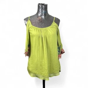 Túnica Boho Bordada Verde Lima Arrugada XS Manga Acampanada Transparente Floral Festival - Imagen 1 de 9