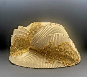 Vintage Mr. Hi's Classic Wide Brim Gold Church Dress Hat Sequins Pleated Fancy - Picture 1 of 13