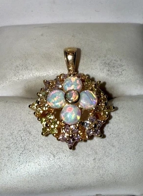 ESTATE Solid Sterling Silver Gold-Tone Fire Opal Mixed Gemstone Pendant - Image 1 of 4