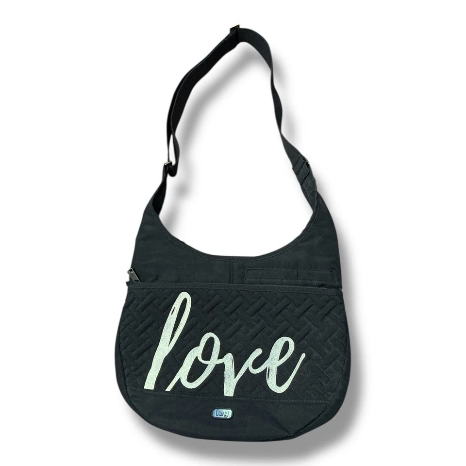 Lug Canopy LOVE Black Nylon Crossbody Hobo Bag Adjustable Strap RFID Purse - Image 1 of 4
