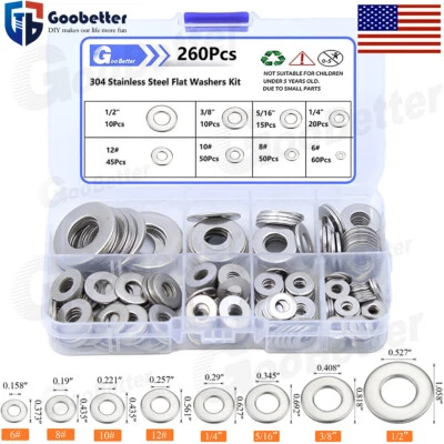 GOOBETTER 260 Pieces of 304 Stainless Steel Washers Flat Washer Assortment Set Kit 8 Sizes
