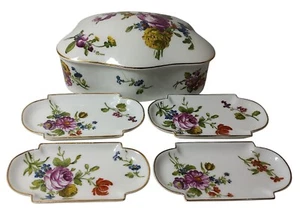 Porcelaine De Paris France Dresser Box with Four Trinket Trays Floral Set of 5 - Imagen 1 de 17