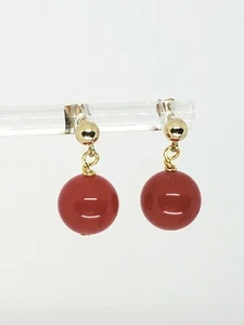 14k Yellow Gold Genuine Red Jadeite Ball Post Drop Dangle Earrings - Picture 1 of 4