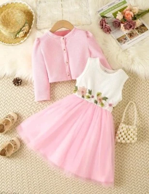 Vestido de fiesta con dobladillo de malla tan lindo para niña con chaqueta rosa suave  Foto 1 de 4