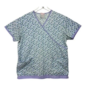 Cherokee Womans Size L Scrub Top Purple And White Flower Pattern Pockets Nurse - Picture 1 of 7