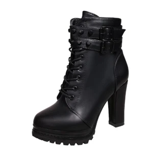 Womens Punk Pumps Lace Up Zip Buckle High Platform Heel Block Shoes Ankle Boots - Picture 1 of 12
