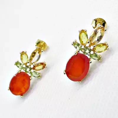 Oval Karneol Saphir Peridot Ohrstecker 925 Silber 750 Gelbgold vergoldet - Bild 1 von 4