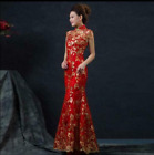 Women Cheongsam Lace Dress Chinese Qipao Evening Wedding Bride Slim Fit Gown