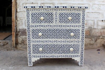 Handmade Bone Inlay Eye Design Dresser Chest of 4 Drawers Sideboard Blue - Image 1 of 4