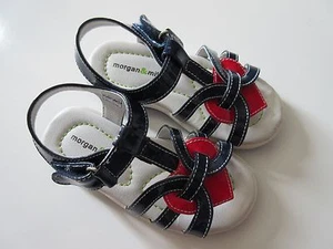 NIB Morgan & Milo Kira in Navy Blue T-Strap Heart Detail Patent Leather Sandal 8 - Picture 1 of 9