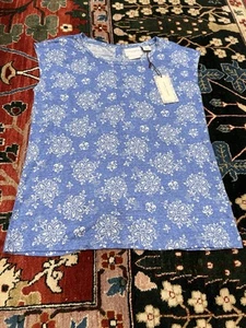 New NWT Laura Ashley Cap Sleeve Floral Blue 100% Linen Shirt Small - Picture 1 of 11
