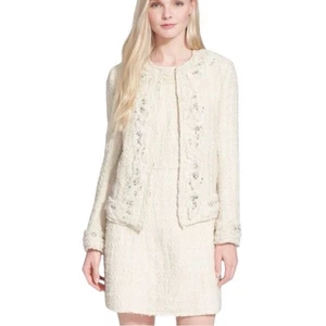 Alice Olivia Nila Embellished Tweed Jacket M Medium Ivory Fringe Beaded Pearl - Picture 1 of 12