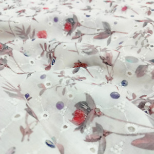 White Floral Pattern Cotton Fabric  Printed Digital Schiffli  Cut By Yard