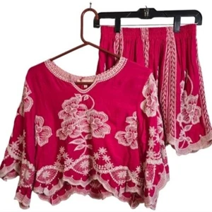 Solitaire Women's Boho Embroidered Top & Skirt Set Small Red White - Bild 1 von 16
