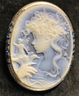 Cameo Flower Girl Fairy Resin Brooch Pin Pendant Silver Tone Bezel w/ Blue Stone