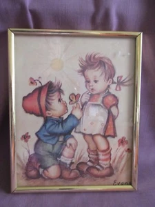 Vtg Evans Hummel Boy Girl Framed Picture Litho 8 x 10 Butterfly - Picture 1 of 3