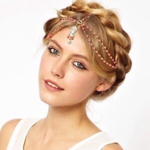 Lady Gold Plated Pearl Indian Hair Head Chain Forehead Jewelry Bridal Headband