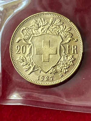 HELVETIA SUIZA 1927-B ORO 20 FRANCOS AGW-.1867 Foto 1 de 2