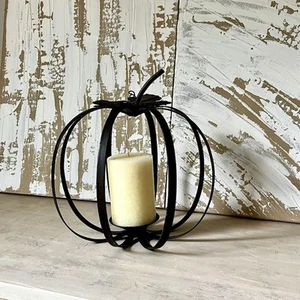 Pier 1 Metal Pumpkin Pillar Candle Holder Halloween/ Thanksgiving/Fall Black  - Picture 1 of 6