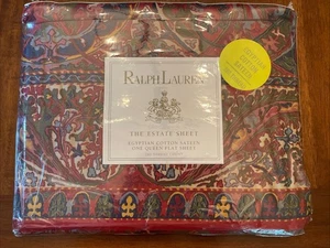 Ralph Lauren GALAHAD Red Floral Flat Sheet Queen Egyptian Cotton Sateen Sealed - Picture 1 of 5