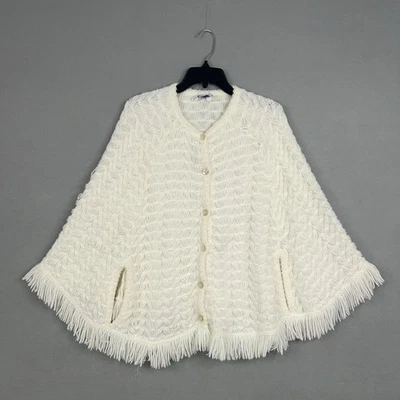 Vintage Knit Poncho Womens One Size Ivory Fringe Button Front Cape Orlon 70s - Image 1 of 4