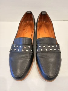 Blue Illusion Size 41 Hailey Black Leather Loafers Silver Studs Almond Toe - Picture 1 of 10